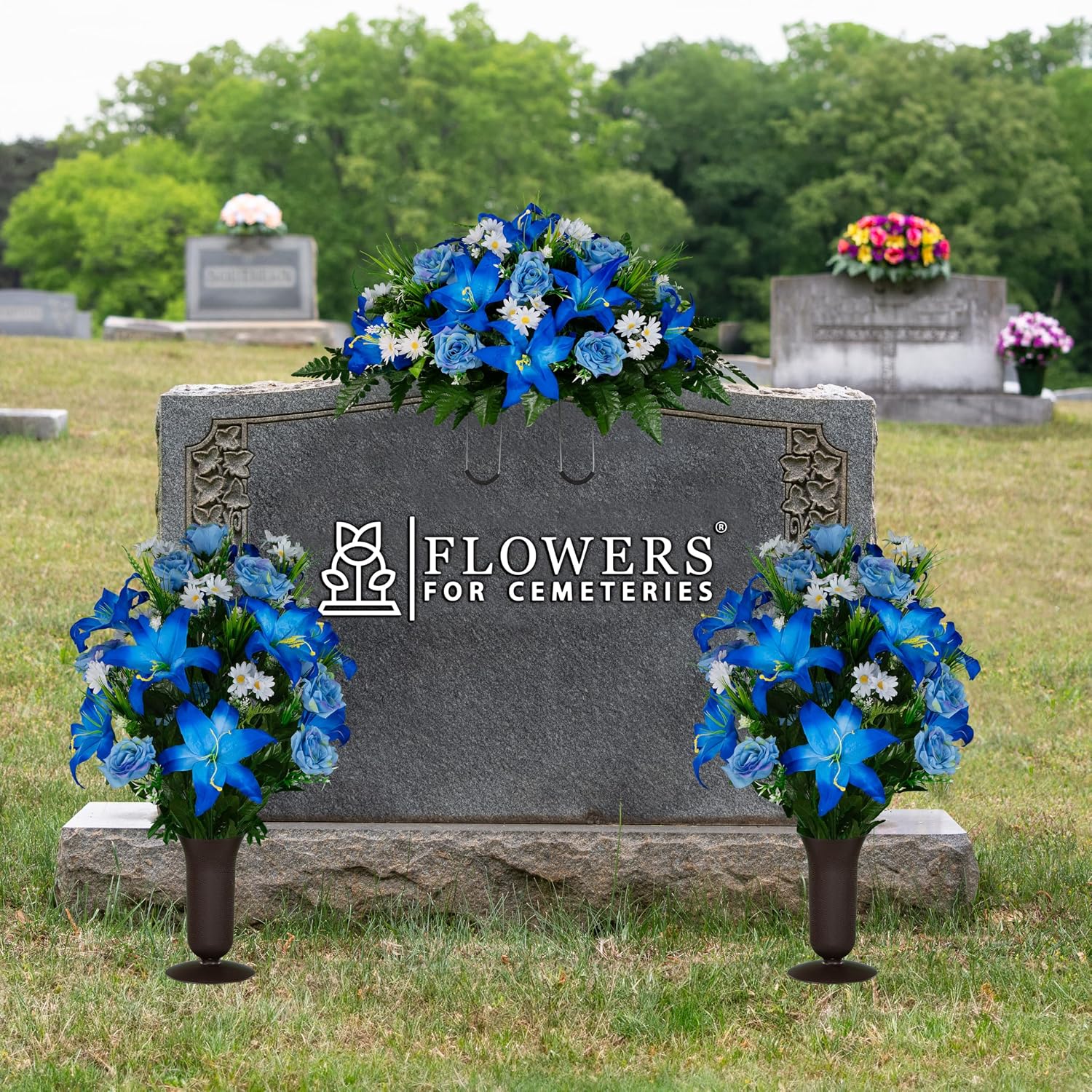 Sympathy Silks Artificial Cemetery Flowers - Gravesite Flowers - Blue Lily and Rose with White Daisies - (1) Headstone Flower Saddle & (2) Matching Bouquet (2) Cemetery Vase Included