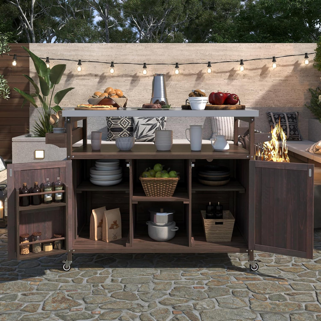 Outdoor Kitchen Island Rolling Bar Cart & Storage Cabinet Farmhouse Solid Wood Grill Table with Stainless Steel Top, Spice Rack, Towel Rack for Dining Room Kitchens BBQ Outdoor Dark Brown
