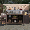 Farmhouse Outdoor Kitchen Island, Rolling Bar Cart & Storage Cabinet with Stainless Steel Top, Spice Rack, Towel Rack for Kitchen & Barbecue, Solid Wood Outdoor Grill Table (Dark Brown)