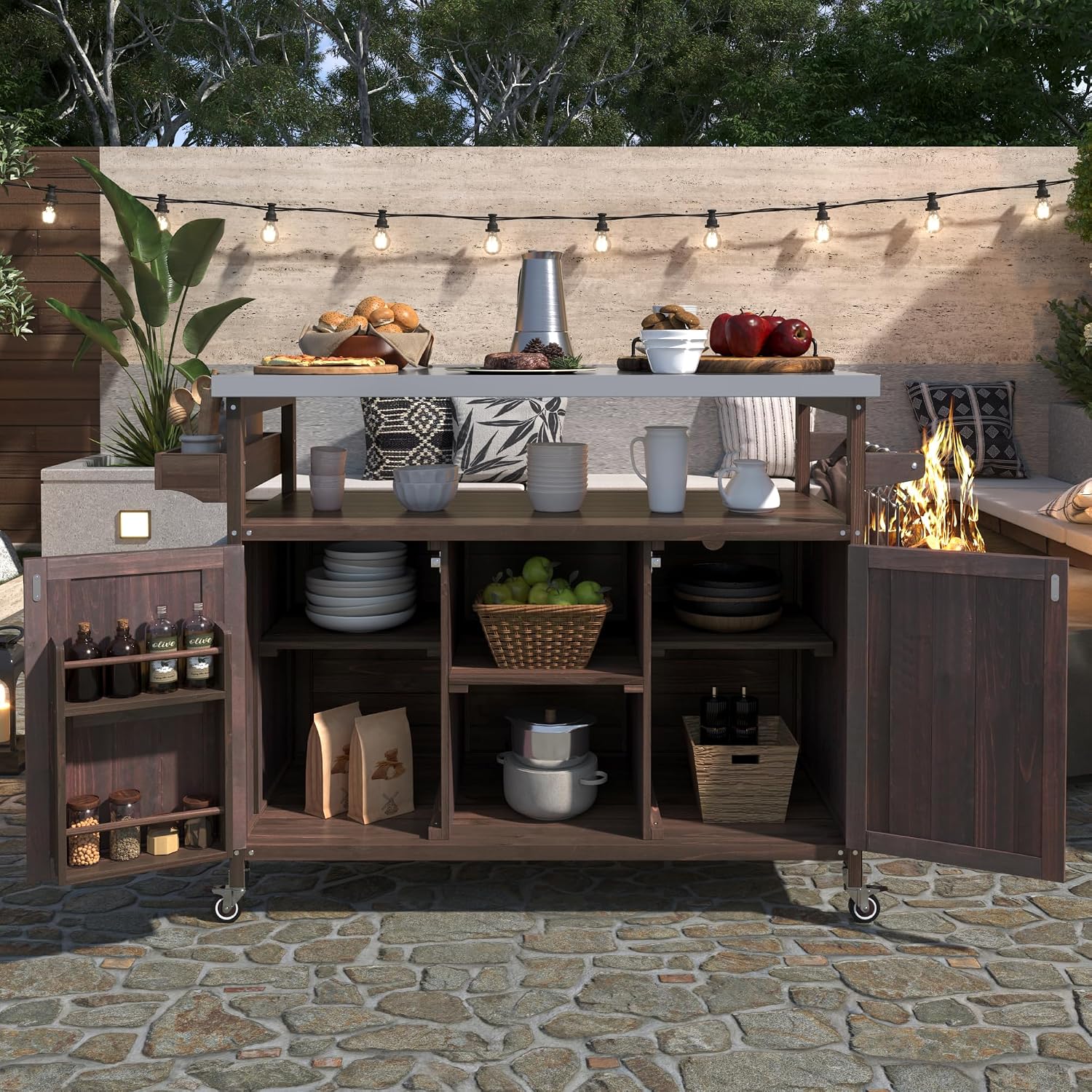 Farmhouse Outdoor Kitchen Island, Rolling Bar Cart & Storage Cabinet with Stainless Steel Top, Spice Rack, Towel Rack for Kitchen & Barbecue, Solid Wood Outdoor Grill Table (Dark Brown)