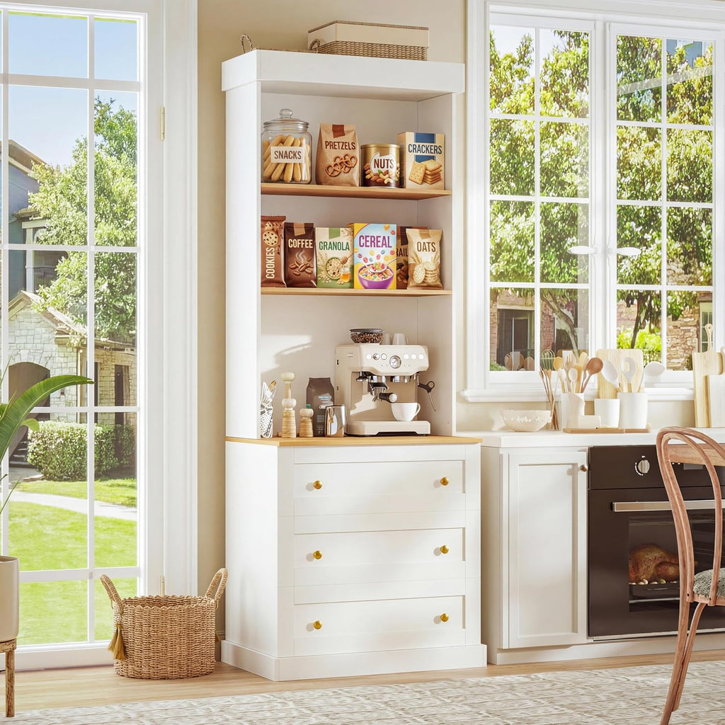 ivaniti 71' Tall Farmhouse Kitchen Pantry, Large Storage Cabinet with Drawers, Freestanding Coffee Bar Hutch with Microwave Stand, Adjustable Shelves for Kitchen, Living Room, White 2 Pcs