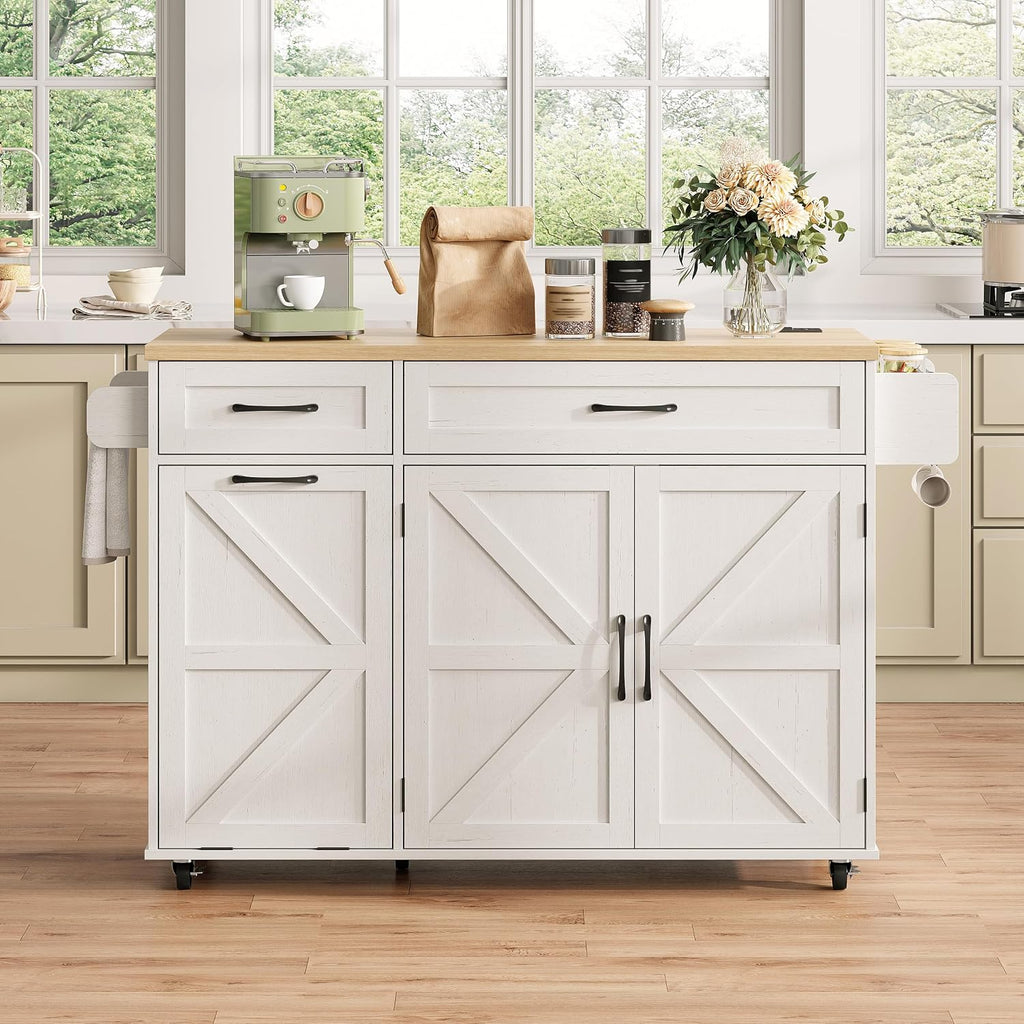 Halitaa Kitchen Island with Tilt Out Trash Can Cabinet and Power Outlet, Kitchen Rolling Island with Spice Rack, Towel Rack and 2 Drawers, Kitchen Island Cart, White