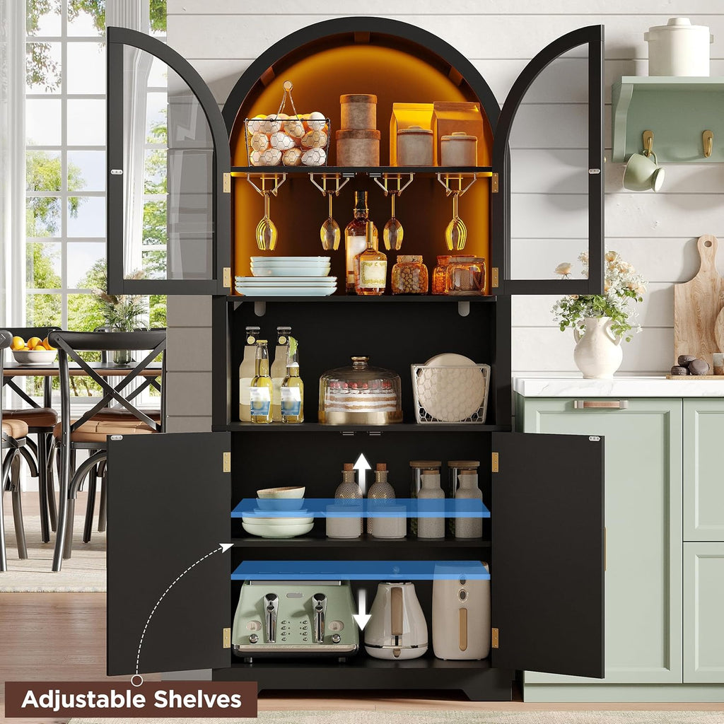 Maupvit 70' Tall Arched Wine Bar Cabinet with LED Light, Fluted Coffee Bar Cabinets with Stemware Rack, Kitchen Pantry Cupboard with Glass Doors, Liquor Cabinet for Home, Dining Room (Black)