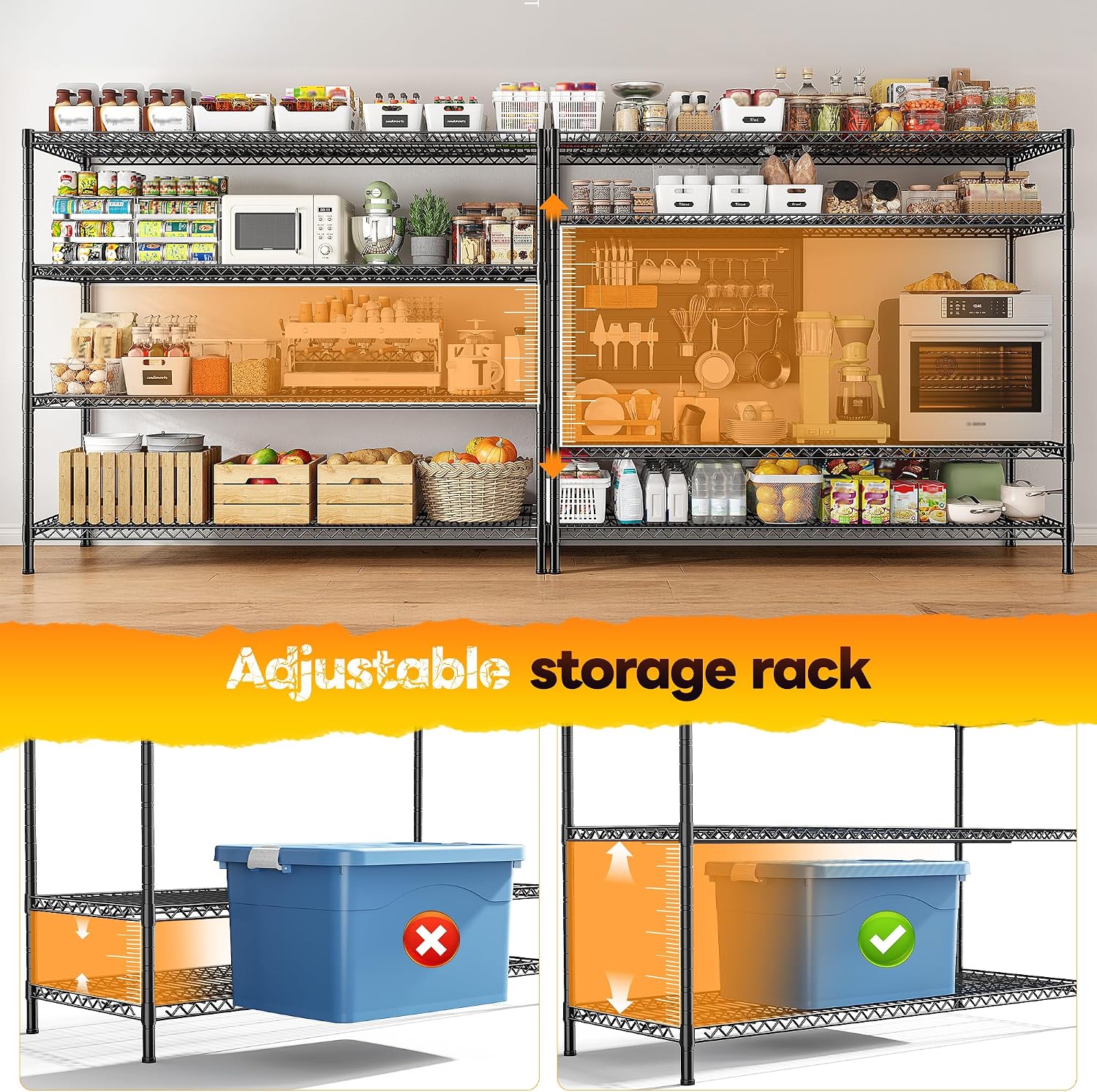 REIBII 55.5' W Storage Shelves 2560LBS Metal Shelving 4 Tier Wire Shelving Unit Garage Shelving Heavy Duty Metal Shelves for Storage Rack Commercial Adjustable Pantry Shelf, 55.5' W X 18''D X 55.5' H
