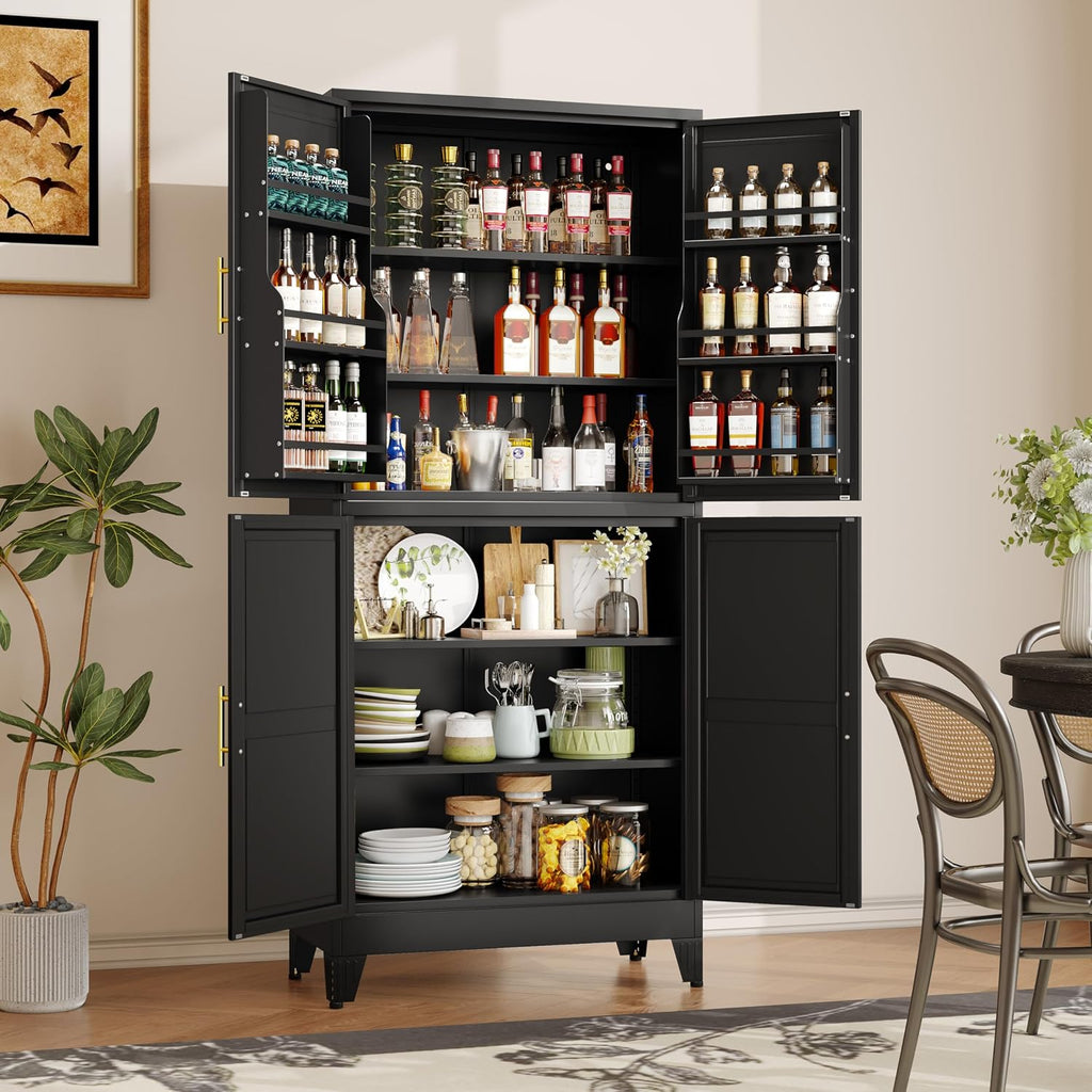GAIOUS 74.8' Tall Metal Food Cabinet, Black Kitchen Pantry Cabinet, Storage Cabinets with 4 Door and 4 Adjustable Shelves, Steel Freestanding Cupboard for Kitchen Dining Room Living Room Bathroom