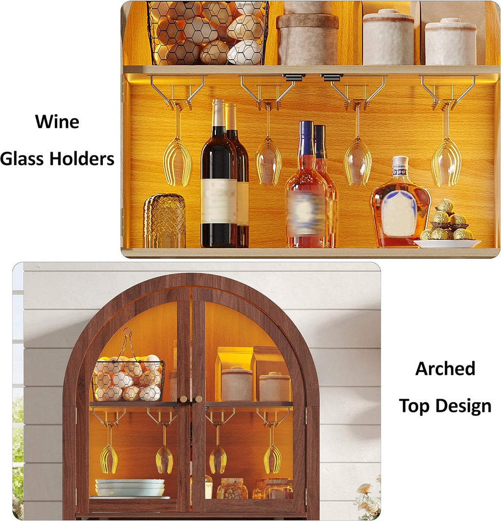 Maupvit 70' Tall Arched Wine Bar Cabinet with LED Light, Fluted Coffee Bar Cabinets with Stemware Rack, Kitchen Pantry Cupboard with Glass Doors, Liquor Cabinet for Home, Dining Room (Walnut)