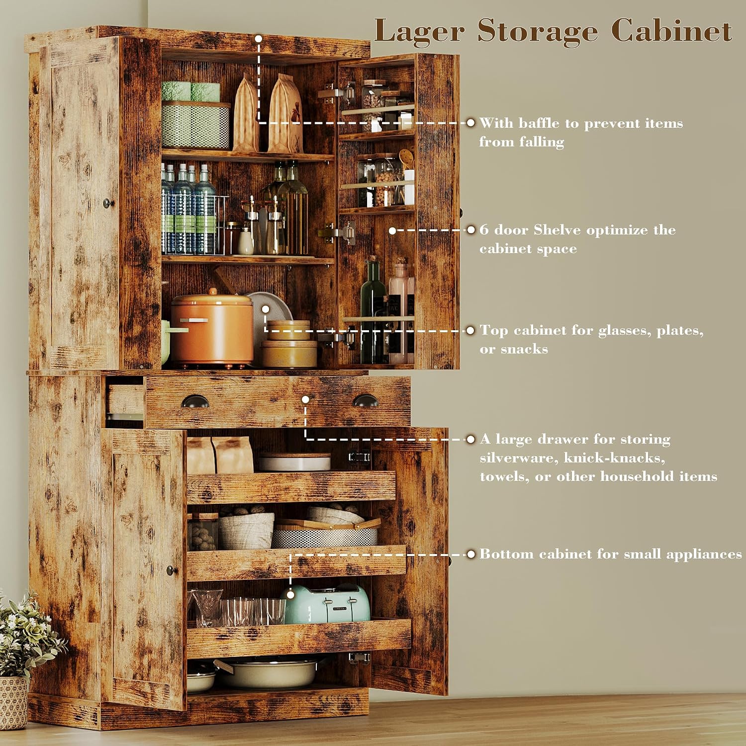IRONCK Kitchen Pantry Cabinet 72' Height, Freestanding Cupboard with Drawer, Sliding Storage Rack, and 6 Hanging Shelves for Dining Room, Laundry, Living Room, Vintage Brown