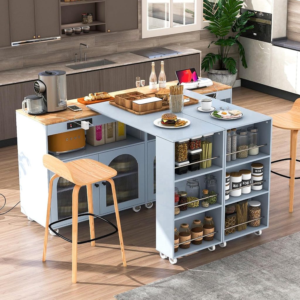 Rolling Kitchen Island Set with Extended Table LED Lights Power Outlets 2 Fluted Glass Doors a Storage Compartment, Side 3 Open Shelves for Dining Room Kitchens Living Room Grey Blue