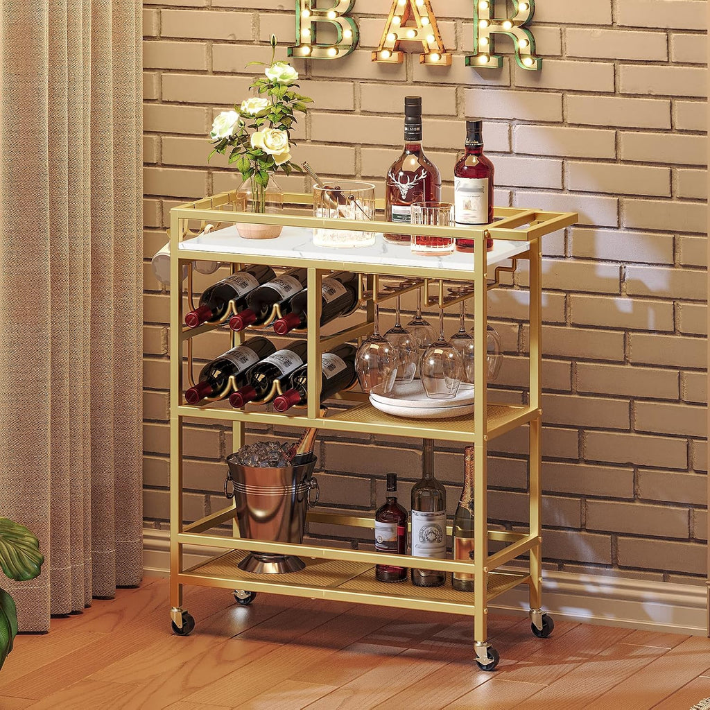 MAHANCRIS Bar Cart for Home and Bakers Rack with Power Outlet Bundle, Microwave Stand with Storage, RCJM6101-BRHR351E01