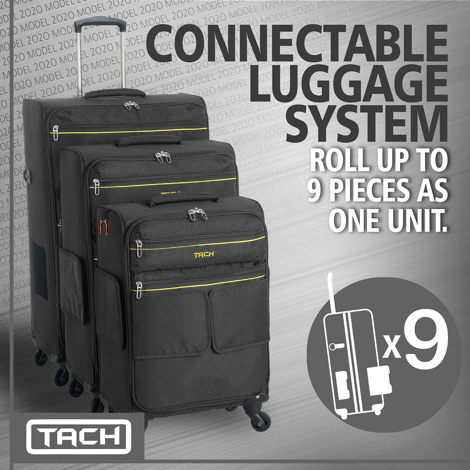 Tach LITE Soft Connectable Carry On Luggage 22x14x9 | Carry on Luggage with Spinner Wheels & Patented Built-In Connecting System | One Piece Rolling Suitcase Links 6 Bags At Once (Black)
