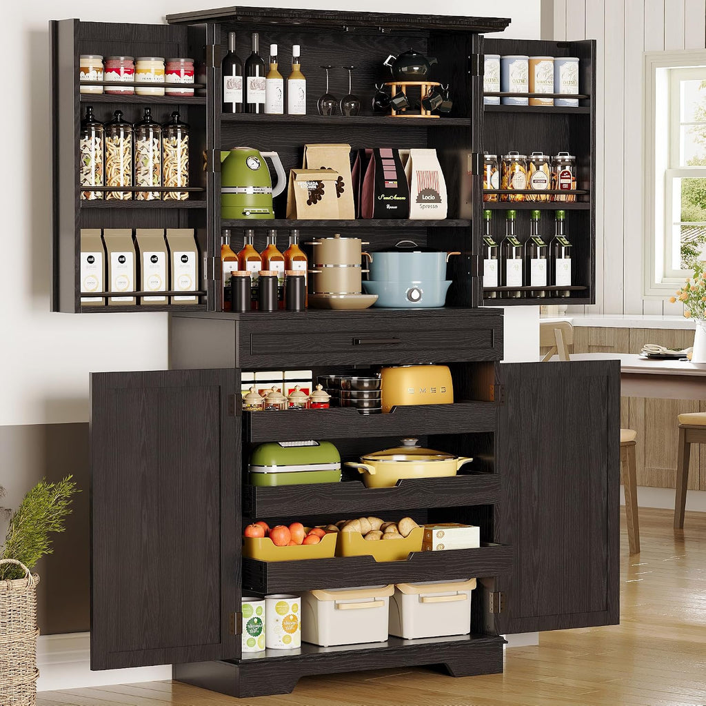 IRONCK Farmhouse Kitchen Pantry Cabinet, 72' Height Tall Freestanding Cupboard with Sliding Storage Rack and 6 Hanging Shelves for Kitchen, Dining Room, Black