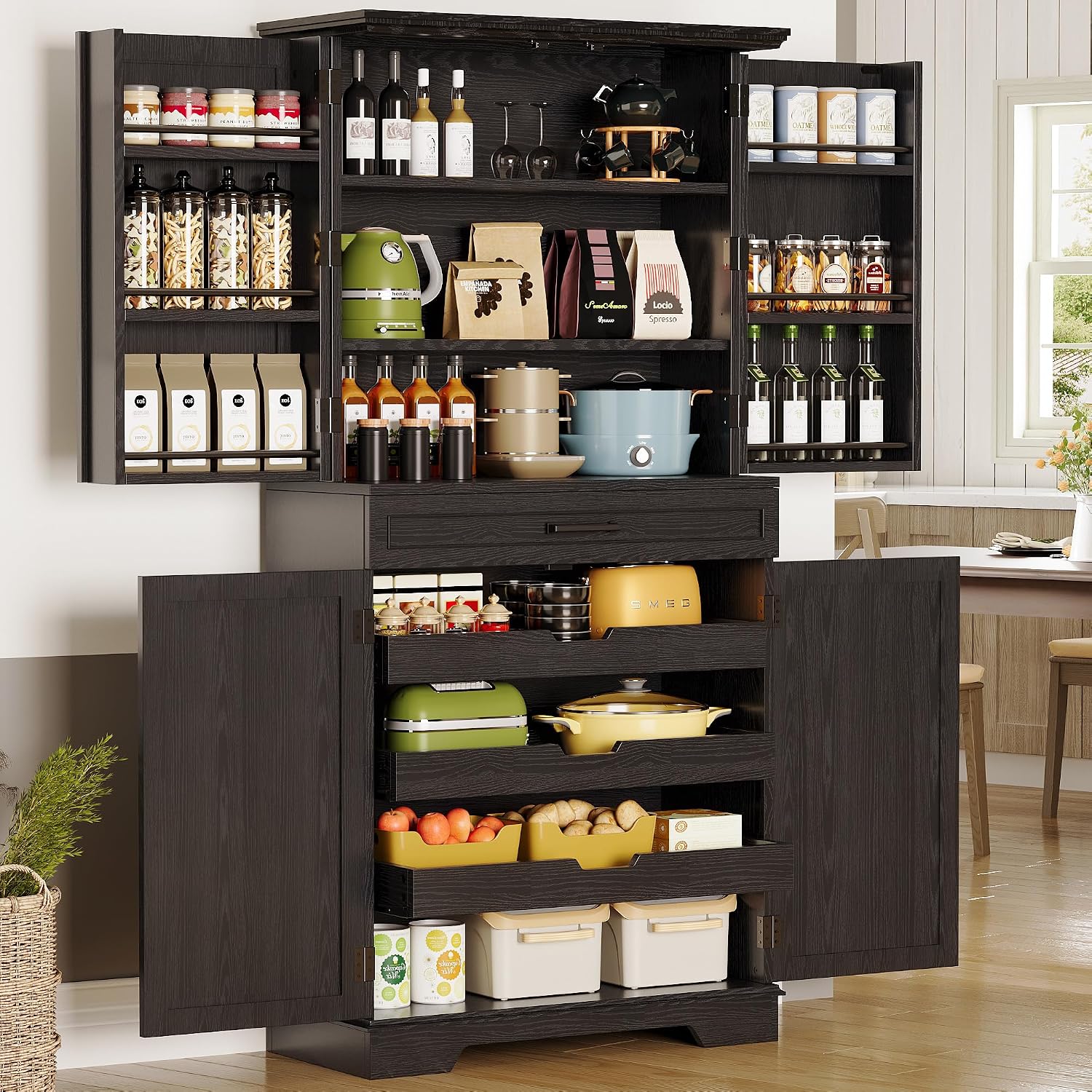 IRONCK Farmhouse Kitchen Pantry Cabinet, 72' Height Tall Freestanding Cupboard with Sliding Storage Rack and 6 Hanging Shelves for Kitchen, Dining Room, Black