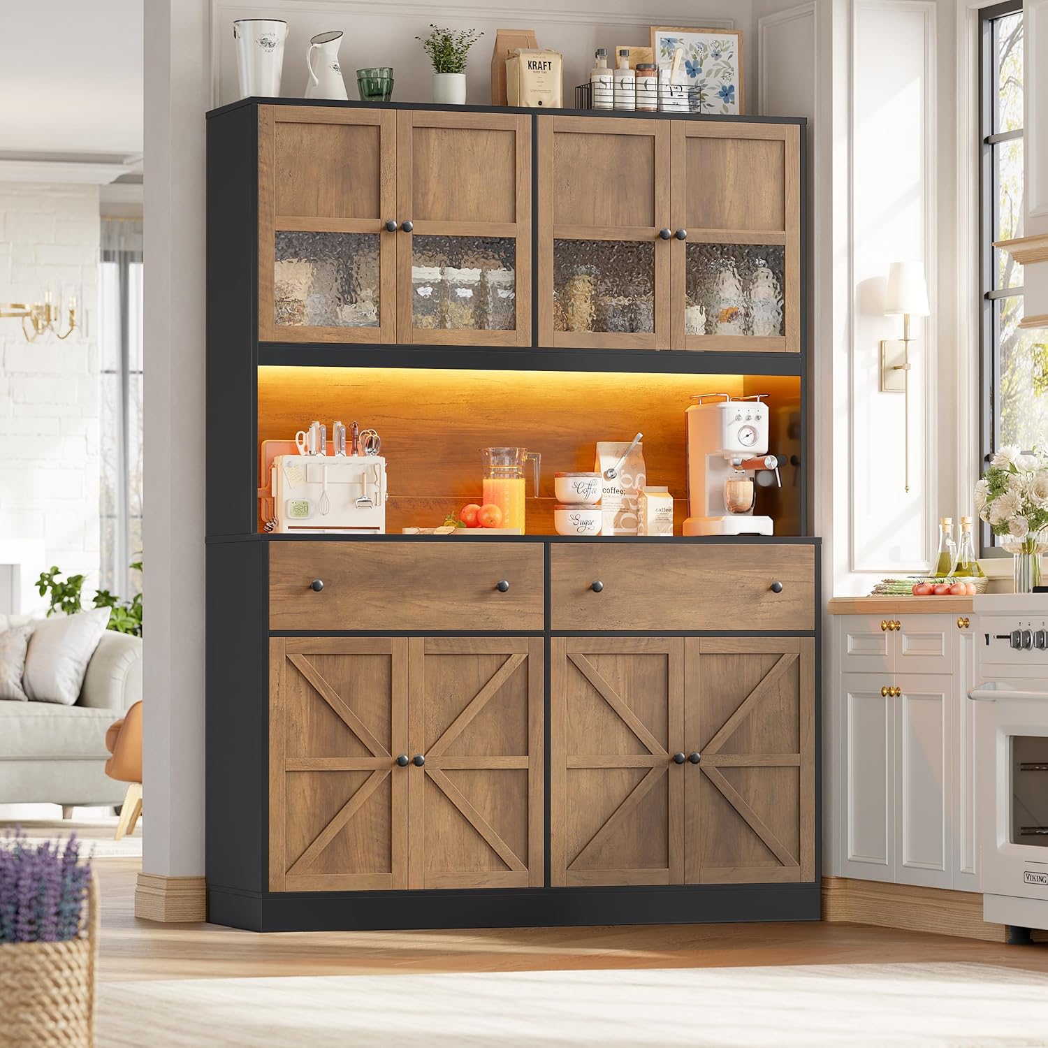 FINETONES 71' Pantry Cabinet with LED Light and Charging Station, Farmhouse Kitchen Pantry Cabinet with Microwave Stand, 47.2' Wide Kitchen Hutch Food Pantry with Open Countertop, Black/Brown