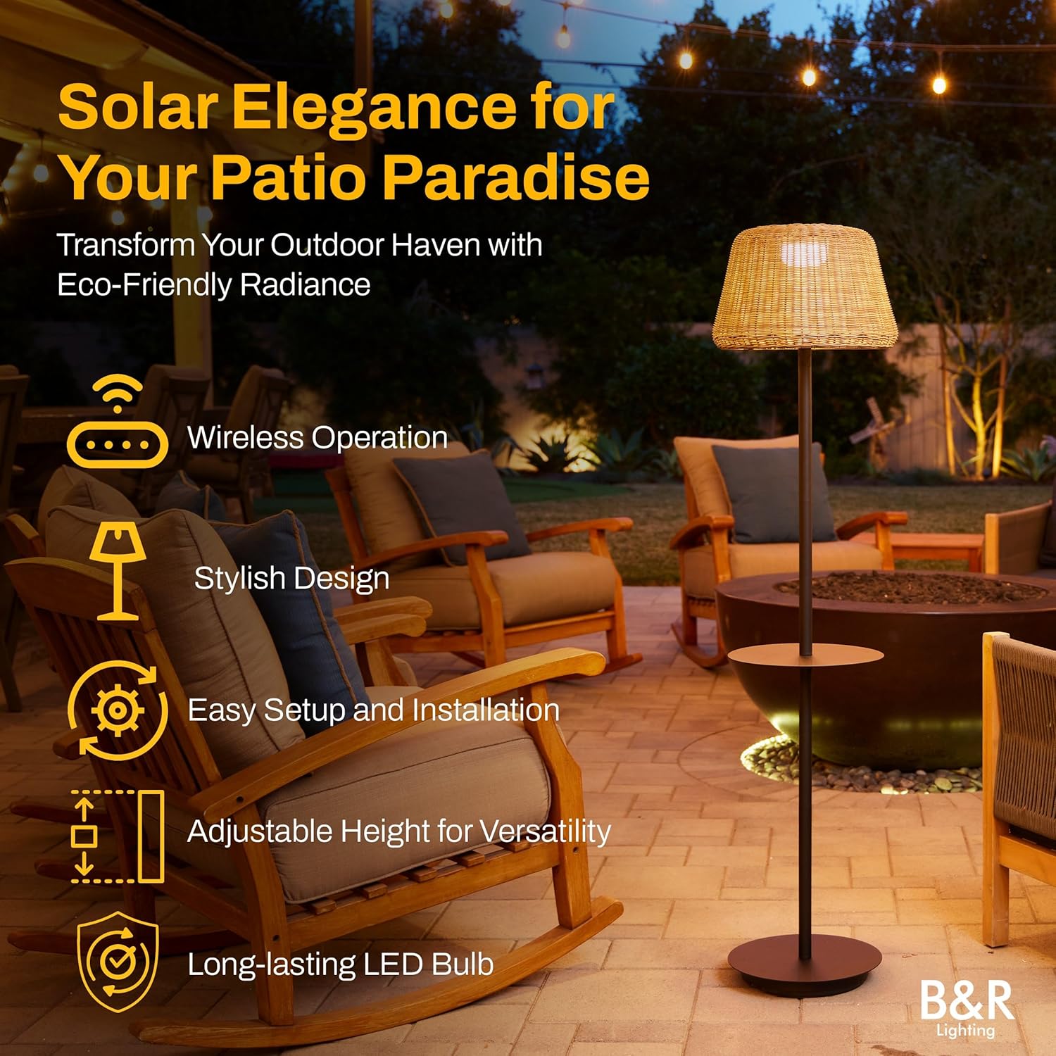 B&R Lighting Solar Outdoor Floor Lamp with Table - Cordless Outdoor Floor Lamp - Patio, Porch, Garden - Rattan Wicker Lights for Outside - Waterproof, Rechargeable, Weatherproof