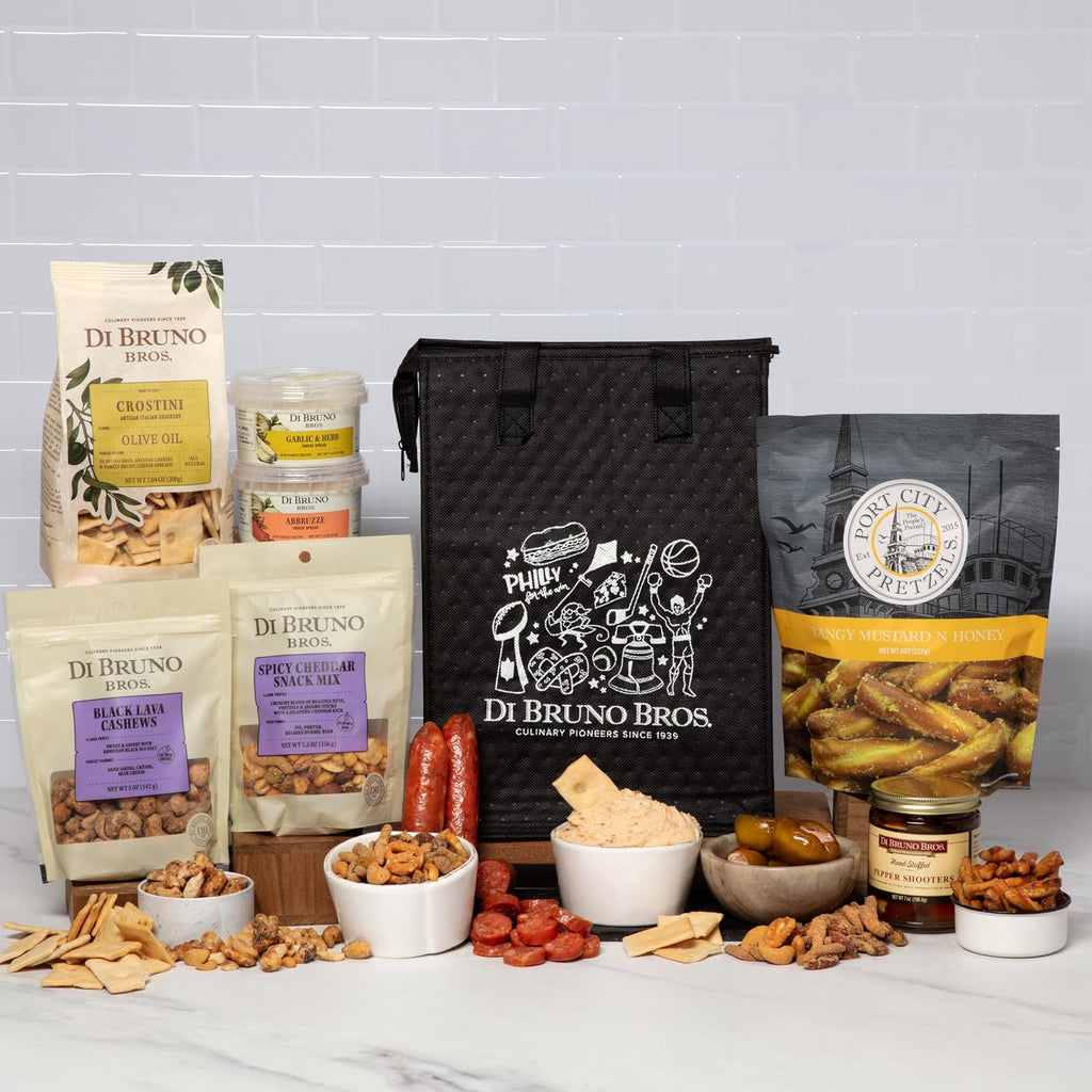 Di Bruno Bros Philly Tailgate Bundle: Perfect Gourmet Snacks For A Game Day Party | Spreadable Cheese | Crostini | Pretzel | Pepper Shooters | Black Lava Cashews | Spicy Cheddar Snack Mix | Pepperoni