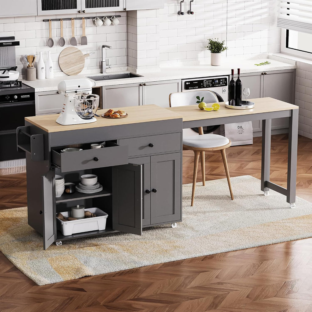 74.5 inch Kitchen Island with Extendable Dining Table, Rolling Kitchen Island on Wheels with Spice Rack and 2 Drawers, Kitchen Storage Cart with 4 Door Cabinet, for Kitchen, Dining Room (Grey/E)