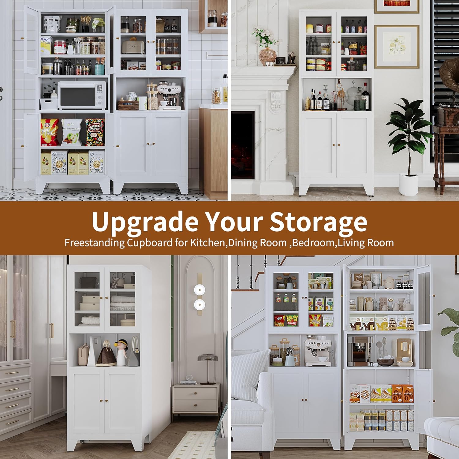 68.9'' Metal Kitchen Pantry Cabinet with Doors and Adjustable Shelves, Hutch Cabinet with Microwave Storage, Kitchen Cabinet Storage for Living Room, Bathroom, Home (White-Glass)