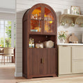 Maupvit 70' Tall Arched Wine Bar Cabinet with LED Light, Fluted Coffee Bar Cabinets with Stemware Rack, Kitchen Pantry Cupboard with Glass Doors, Liquor Cabinet for Home, Dining Room (Walnut)