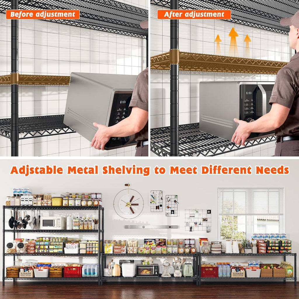 REIBII 60' W Storage Shelves 2878LBS Metal Shelving Unit with Wheels Heavy Duty Garage Shelving Adjustable Wire Shelves for Pantry,Kitchen,Garage,Basement,Business,Warehouse,School,60'W ×24'D×65.3'H