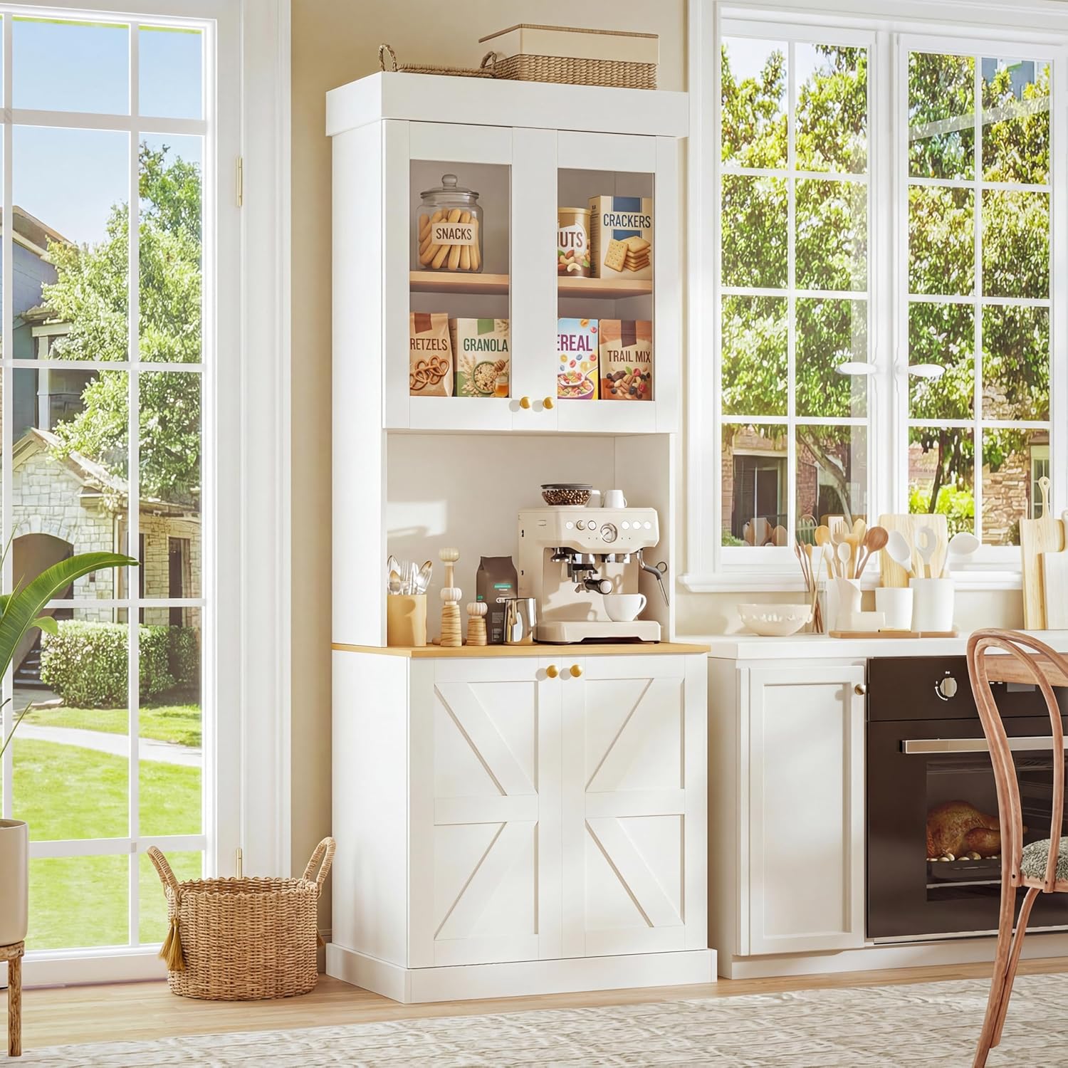 ivaniti 71' Farmhouse Kitchen Pantry Cabinet Set of 3, White Freestanding Coffee Bar Hutch with Glass Doors, Drawers & Adjustable Shelves, Large Storage Cabinet with Microwave Stand for Kitchen