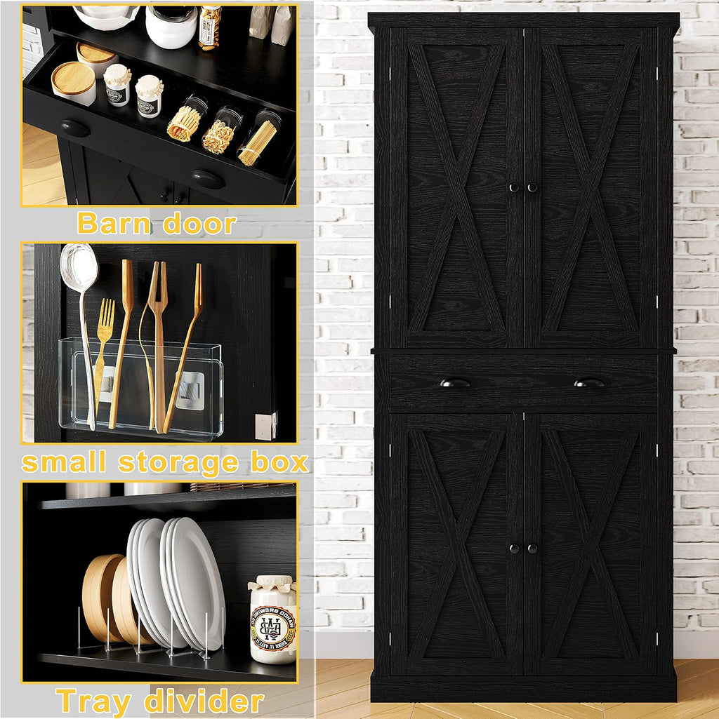 IRONCK Kitchen Pantry Storage Cabinet 72.6' H, with Barn Doors, Drawer, 4 Adjustable Shelves, Freestanding Cupboard for Dining Room Living Room, Laundry, Black