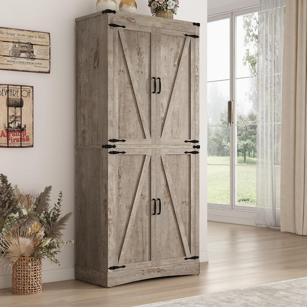 71' Tall Kitchen Pantry,Farmhouse Storage Cabinet with Adjustable Shelves,Load-Bearing Steel Pipe,Farmhouse Pantry Cabinet with 4 Barn Doors,for Kitchen,Dining Room,Living Room(Light Rustic Oak)