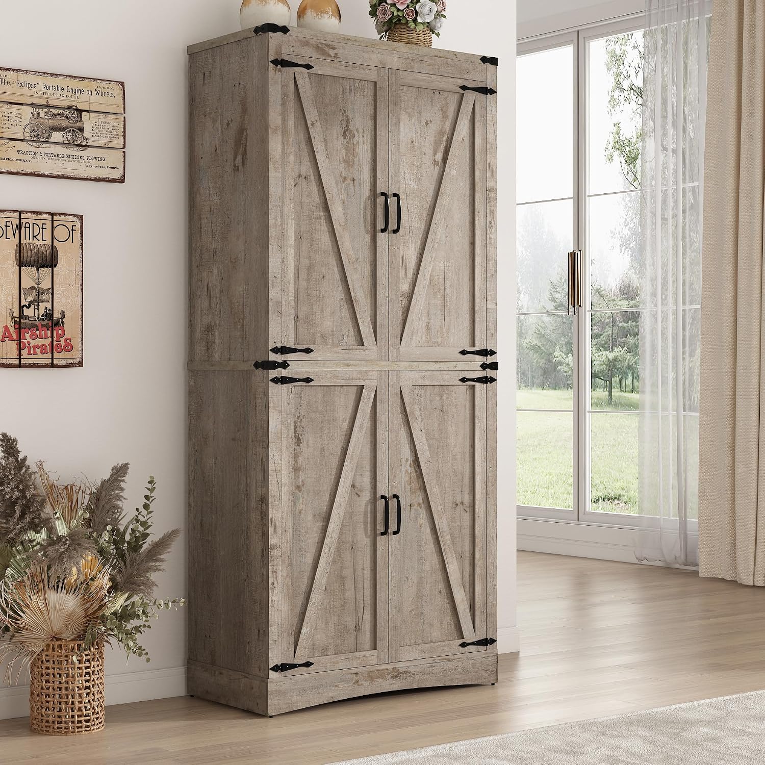 71' Tall Kitchen Pantry,Farmhouse Storage Cabinet with Adjustable Shelves,Load-Bearing Steel Pipe,Farmhouse Pantry Cabinet with 4 Barn Doors,for Kitchen,Dining Room,Living Room(Light Rustic Oak)