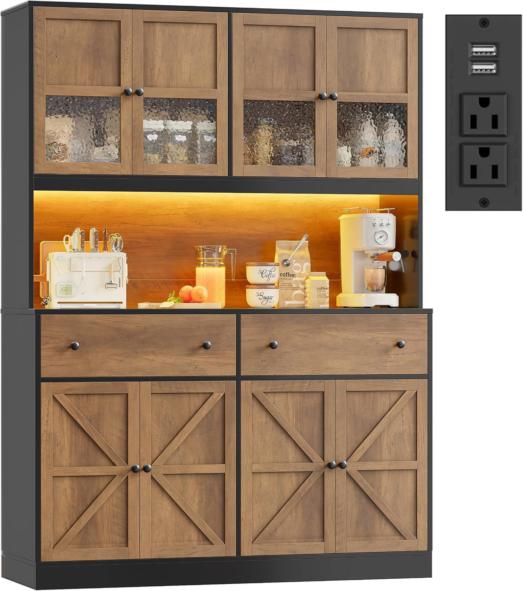FINETONES 71' Pantry Cabinet with LED Light and Charging Station, Farmhouse Kitchen Pantry Cabinet with Microwave Stand, 47.2' Wide Kitchen Hutch Food Pantry with Open Countertop, Black/Brown