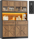 FINETONES 71' Pantry Cabinet with LED Light and Charging Station, Farmhouse Kitchen Pantry Cabinet with Microwave Stand, 47.2' Wide Kitchen Hutch Food Pantry with Open Countertop, Black/Brown