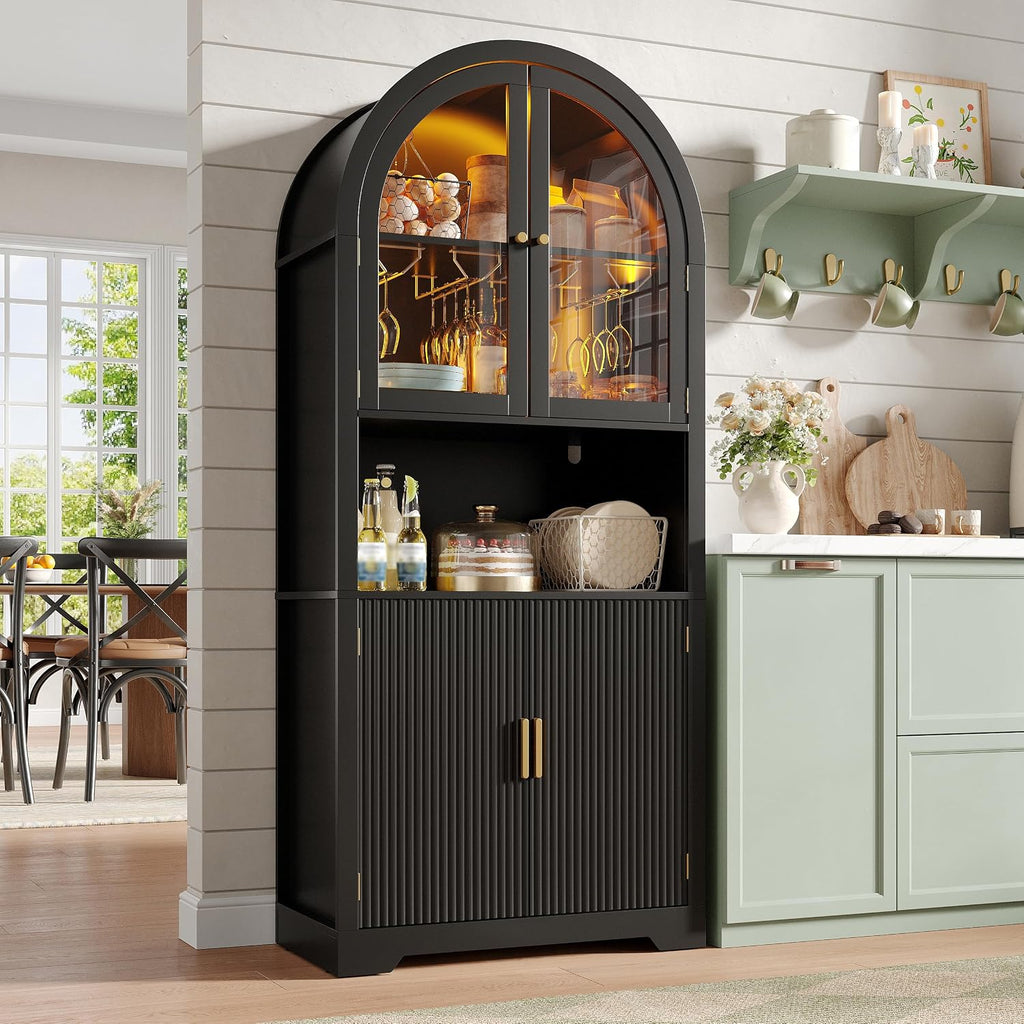 Maupvit 70' Tall Arched Wine Bar Cabinet with LED Light, Fluted Coffee Bar Cabinets with Stemware Rack, Kitchen Pantry Cupboard with Glass Doors, Liquor Cabinet for Home, Dining Room (Black)