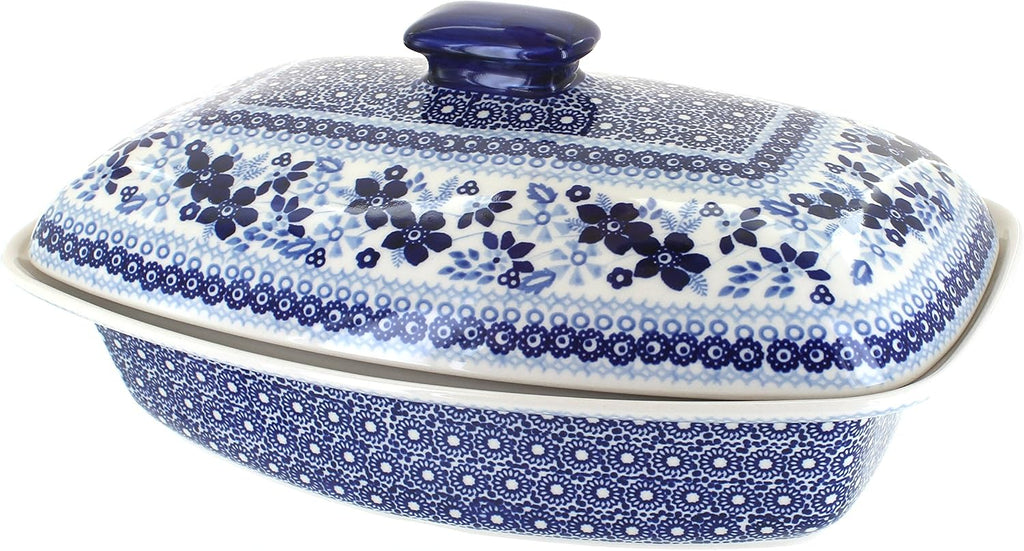Blue Rose Polish Pottery - Vintage Blue Daisy Covered Baker - 2 QT Capacity - Unique, Dishwasher Safe, & Durable Bakeware