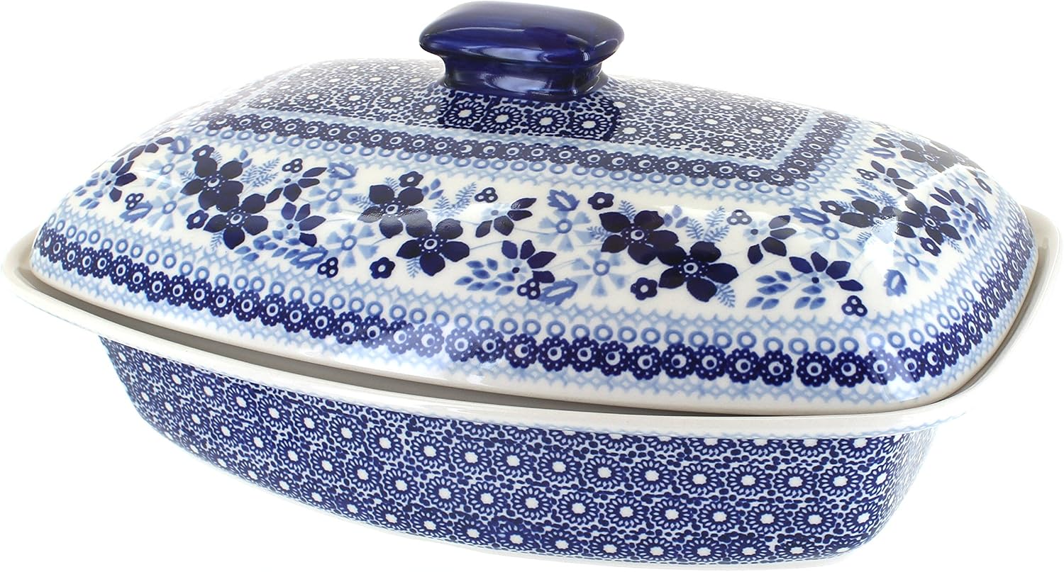 Blue Rose Polish Pottery - Vintage Blue Daisy Covered Baker - 2 QT Capacity - Unique, Dishwasher Safe, & Durable Bakeware