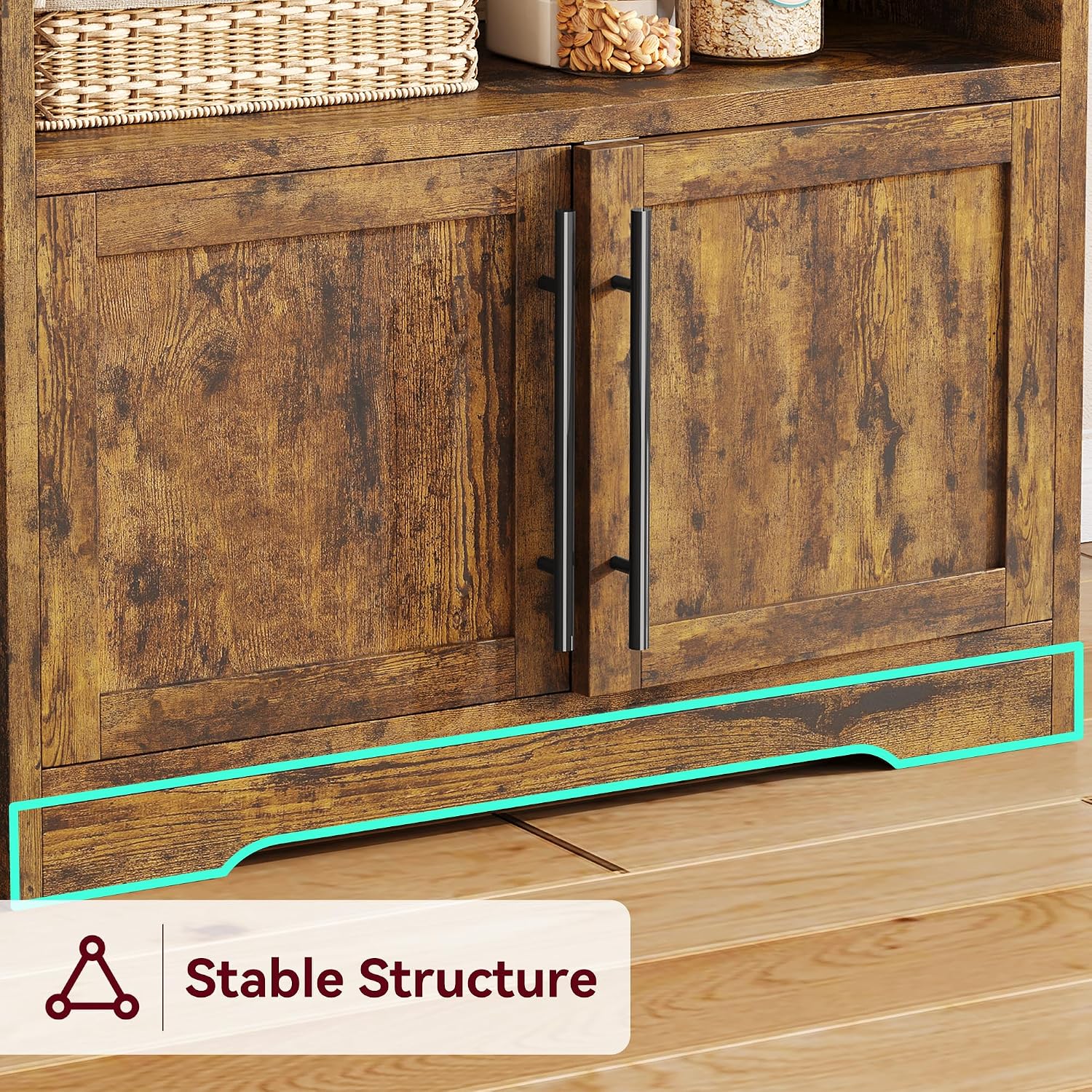 Garvee Farmhouse Bakers Rack with Power Outlets, Microwave Stand with Cabinet, Kitchen Hutch Pantry Cabinet, Kitchen Coffee Bar Cabinet for Spices, Dishes, and Pots, Brown