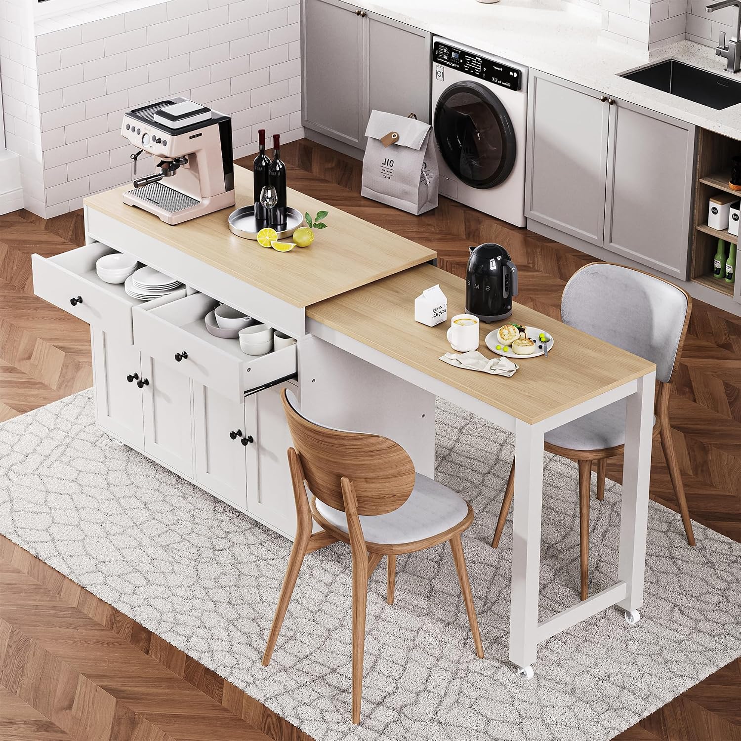 74.5 inch Kitchen Island with Extendable Dining Table, Rolling Kitchen Island on Wheels with Spice Rack and 2 Drawers, Kitchen Storage Cart with 4 Door Cabinet, for Kitchen, Dining Room (Off White/E)