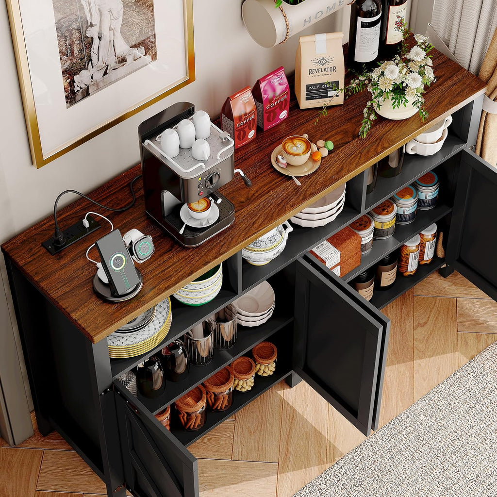 knoworld Buffet Sideboard with Storage with Power Outlets & LED Light 4 Doors, 55'' Large Farmhouse Kitchen Storage Cabinet Wood Coffee Bar Cabinet Buffet Table for Kitchen, Dining Room, Entryway