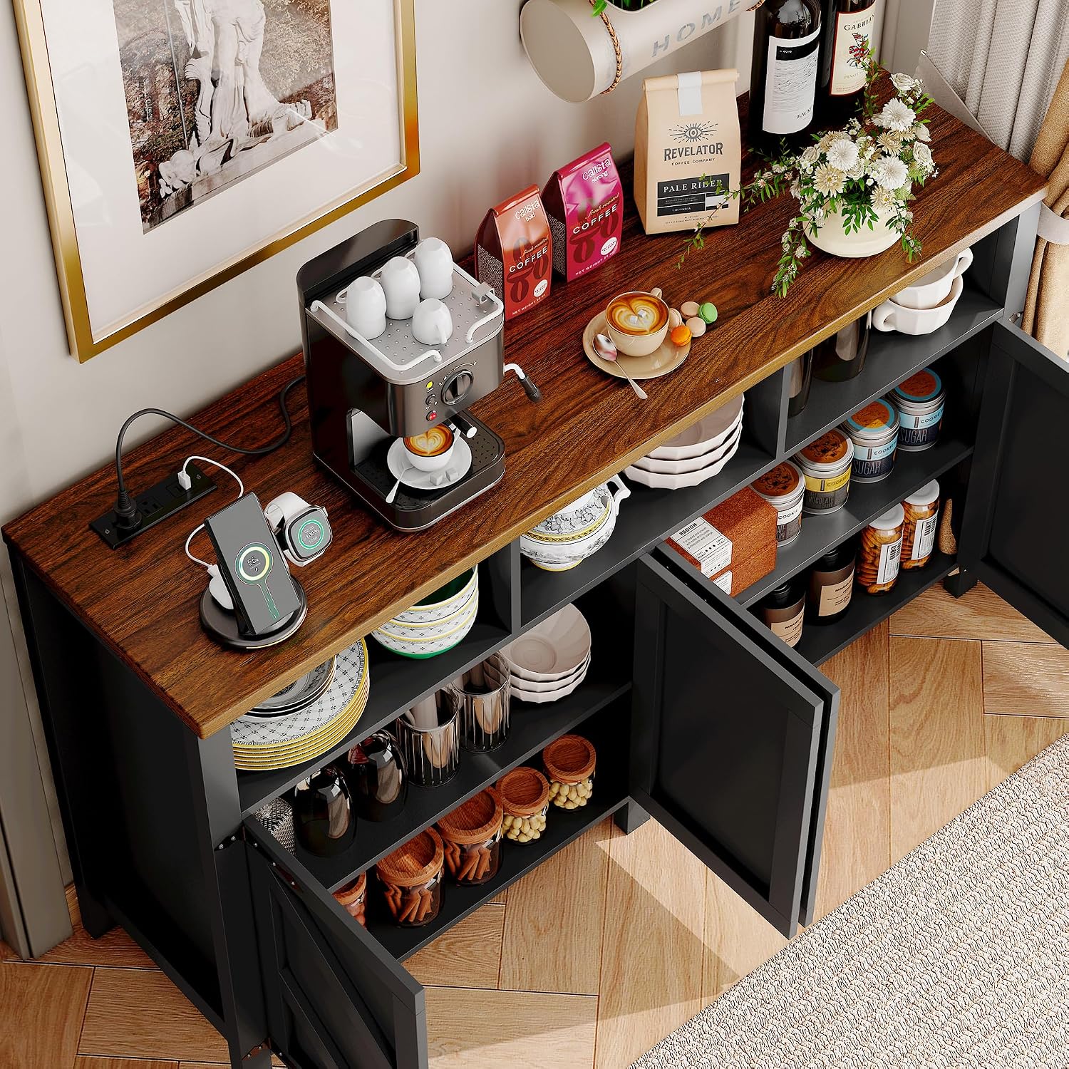 knoworld Buffet Sideboard with Storage with Power Outlets & LED Light 4 Doors, 55'' Large Farmhouse Kitchen Storage Cabinet Wood Coffee Bar Cabinet Buffet Table for Kitchen, Dining Room, Entryway