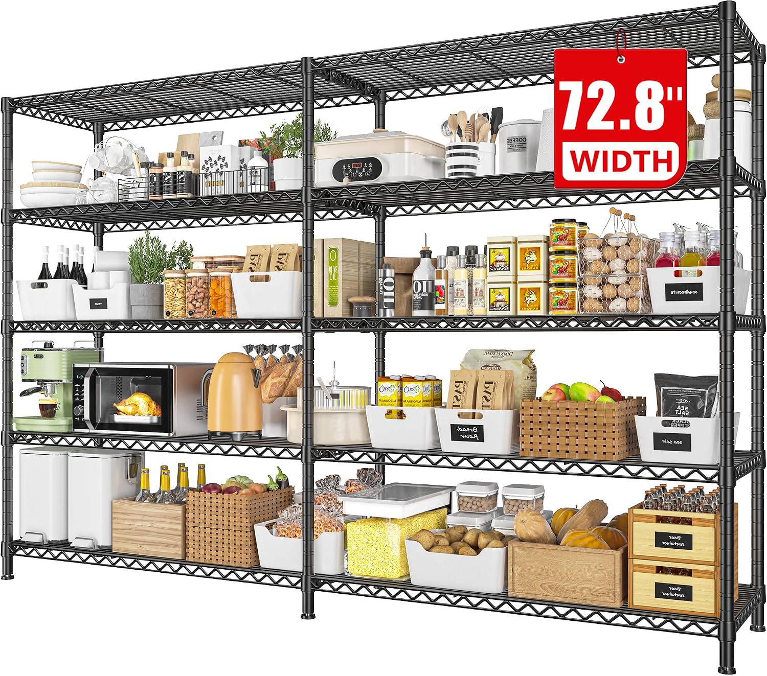REIBII 72.8' W Storage Shelves Load 1600LBS, 5 Tier Metal Shelving Unit Garage Shelving for Adjustable Storage Rack Heavy Duty Metal Shelves for Basement Pantry Kitchen, 17.7' D x 72.8' W x 70.9' H