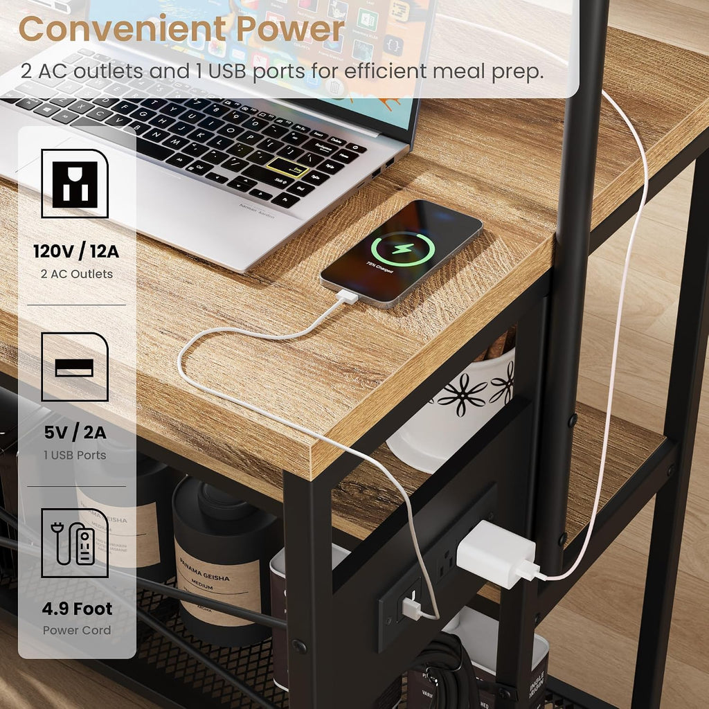 GAOMON 42' Kitchen Island Table Baker Rack with Power Outlet & 2 Bar Stools, Kitchen Storage Shelf with 3-Tier Storage & 5 Hooks, Microwave Stand Coffee Bar Table for Dining Living Room (Natural)