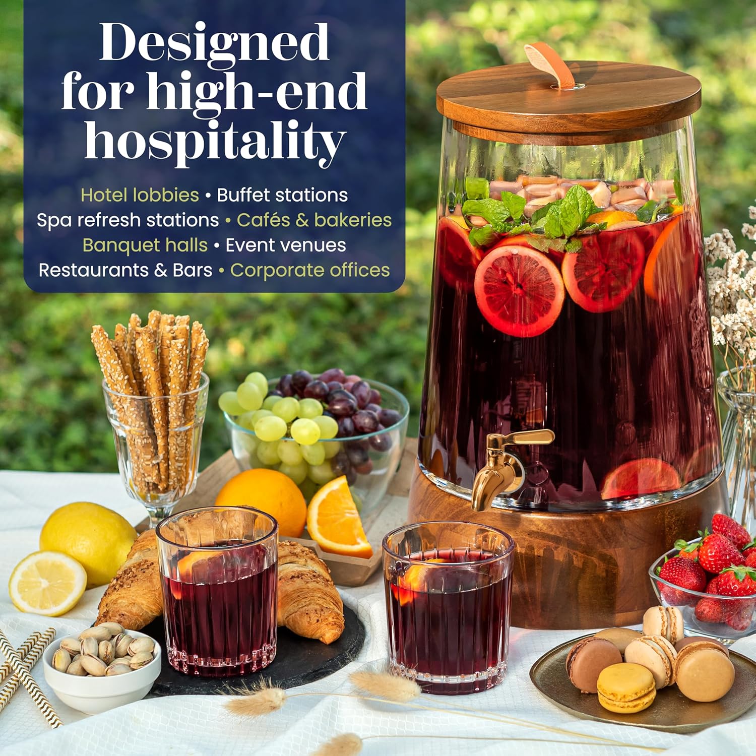 FOODLE Extra Large Glass Drink Dispenser with Spigot - Glass Beverage Dispenser with Stand - Perfect for Parties & Catering - Pitcher for Lemonade, Water, Sangria & Juice - Leakproof Spout - 3 Gallon