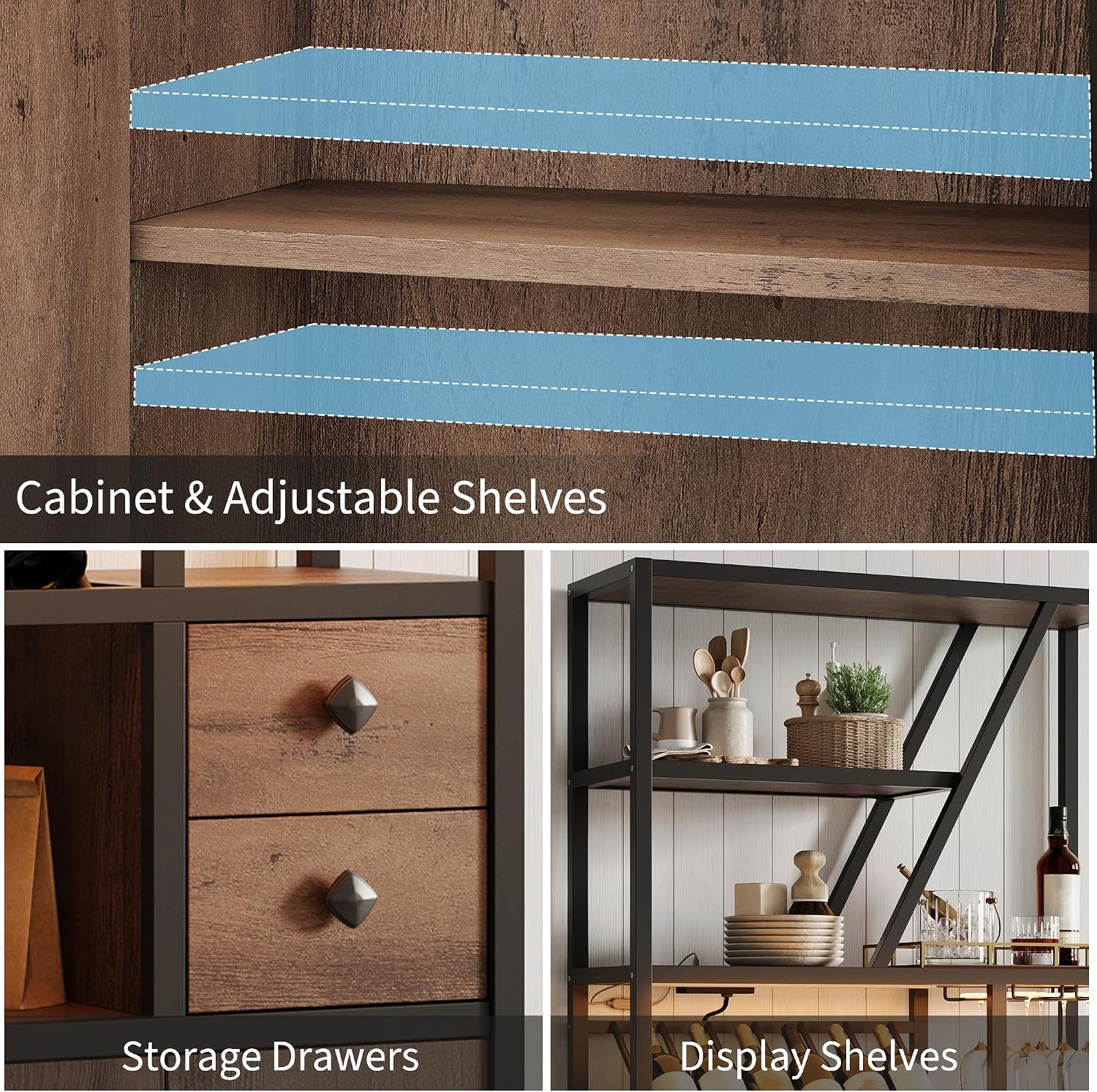 Wine Bar Cabinet with LED Lights, Tall Coffee Bar Station with Power Outlets and Wine Rack - Kitchen Microwave Stand Bakers Rack Cabinet for Living Room, Dining Room & Home Bar