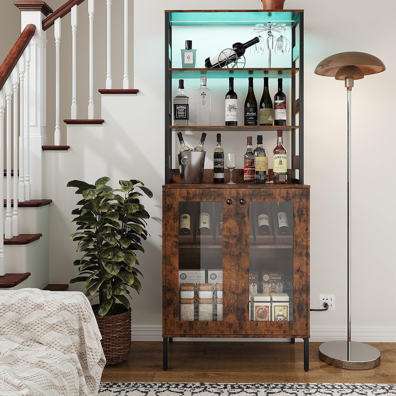 66.9' Bar Cabinet with Power Outlets & LED Lights, Pantry Cabinet with Glass Doors, Kitchen Bakers Rack, Microwave Stand Bakers Rack Cabinet for Dining Room, Living Room, Hallway