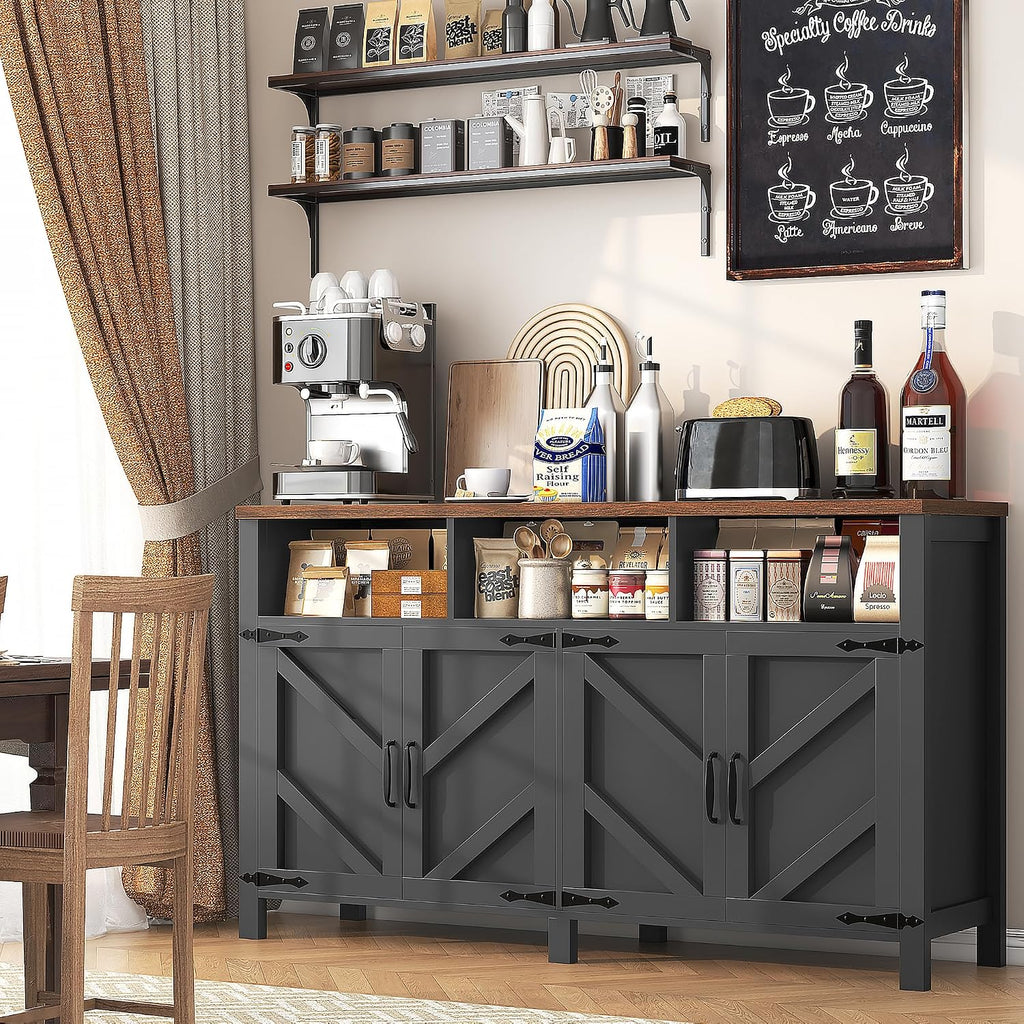 knoworld Buffet Sideboard with Storage Farmhouse with 4 Doors, 55'' Large Kitchen Storage Cabinet Wood Coffee Bar Cabinet Buffet Table with Shelves for Kitchen, Dining Room, Entryway (Black, 55 in)