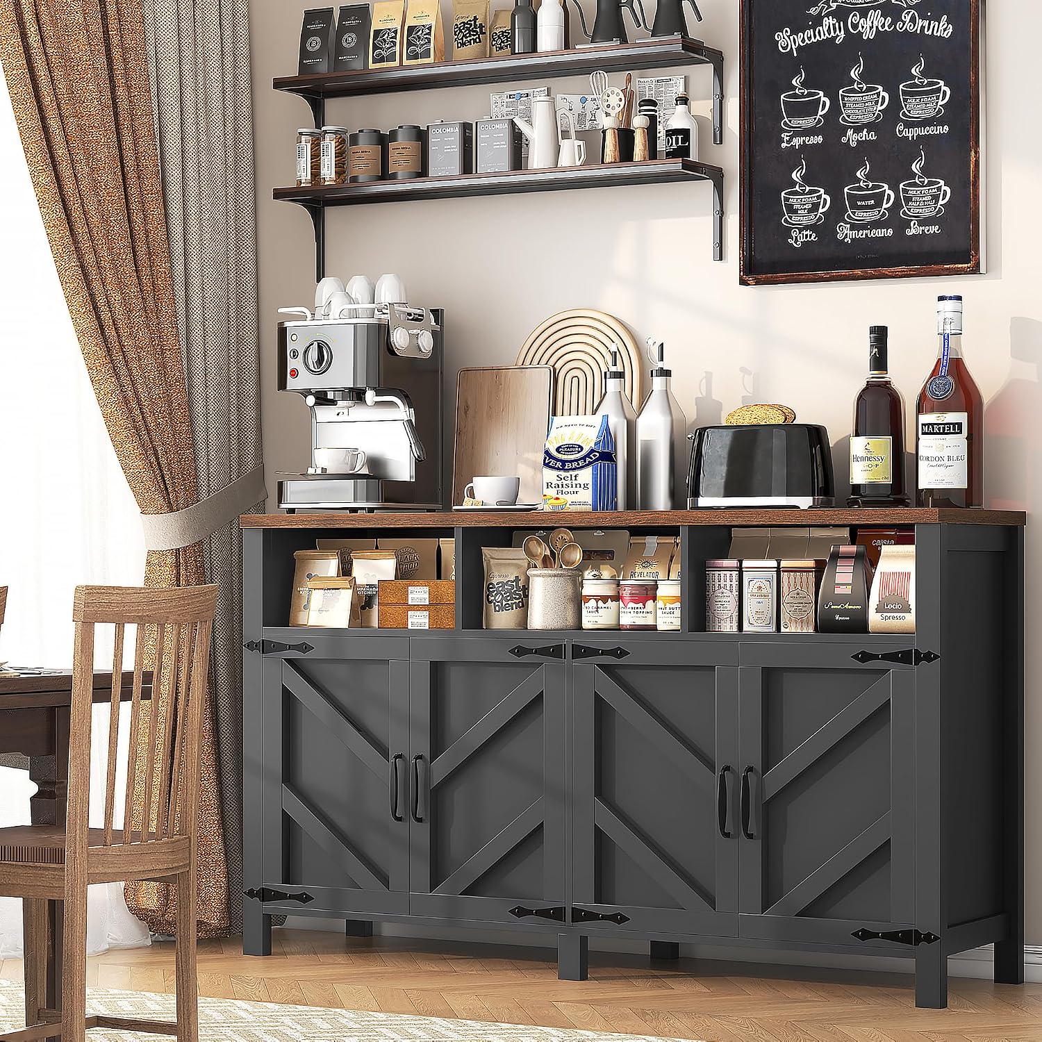 knoworld Buffet Sideboard with Storage Farmhouse with 4 Doors, 55'' Large Kitchen Storage Cabinet Wood Coffee Bar Cabinet Buffet Table with Shelves for Kitchen, Dining Room, Entryway (Black, 55 in)