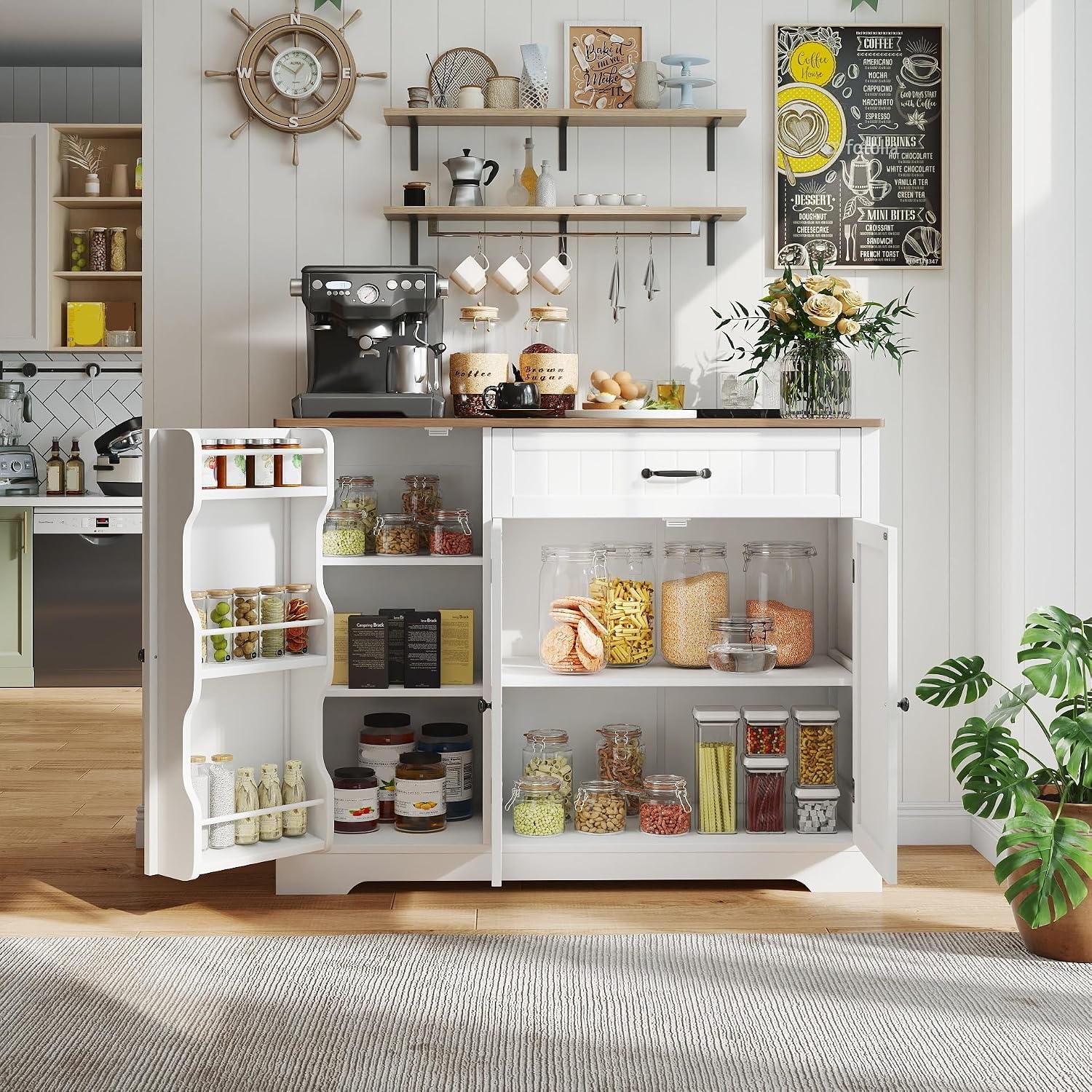 Gizoon Kitchen Coffee Bar Cabinet with Storage Kitchen Sideboard Buffet Cabinet with Drawers, Short Pantry with Door and Shelves for Bathroom and Living Room, White and Rustic