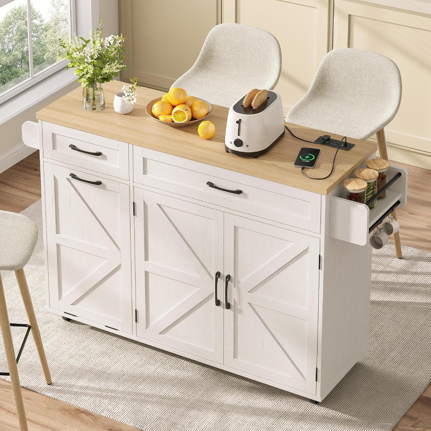 Halitaa Kitchen Island with Tilt Out Trash Can Cabinet and Power Outlet, Kitchen Rolling Island with Spice Rack, Towel Rack and 2 Drawers, Kitchen Island Cart, White