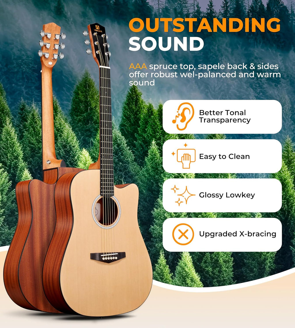 Vangoa 41' Acoustic Guitar Bundle for Beginners Adults Teens Dreadnought Full Size Cutaway Guitarra Acustica Kit with Gig Bag, Tuner, Steel Strings, Capo, Strap, Matte Natural