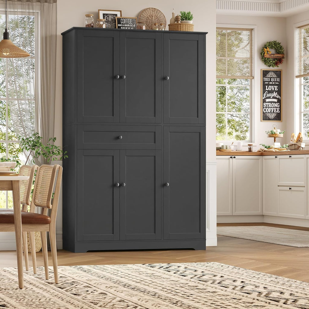 HOSTACK 68' Tall Kitchen Pantry Storage Cabinet, Modern Kitchen Hutch Cabinet with Doors and Shelves, Freestanding Food Pantry with Large Storage Drawer for Dining Room, Living Room, Black