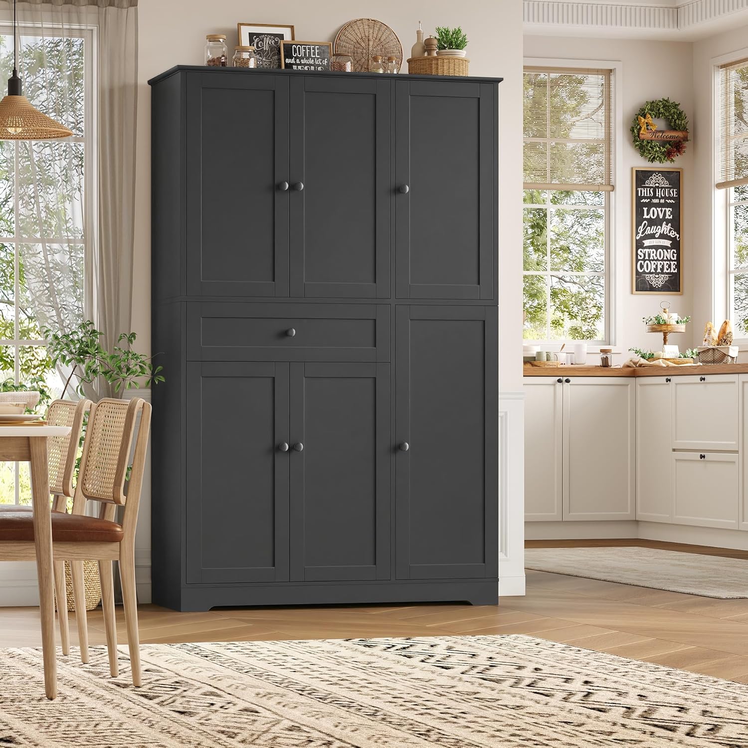 HOSTACK 68' Tall Kitchen Pantry Storage Cabinet, Modern Kitchen Hutch Cabinet with Doors and Shelves, Freestanding Food Pantry with Large Storage Drawer for Dining Room, Living Room, Black