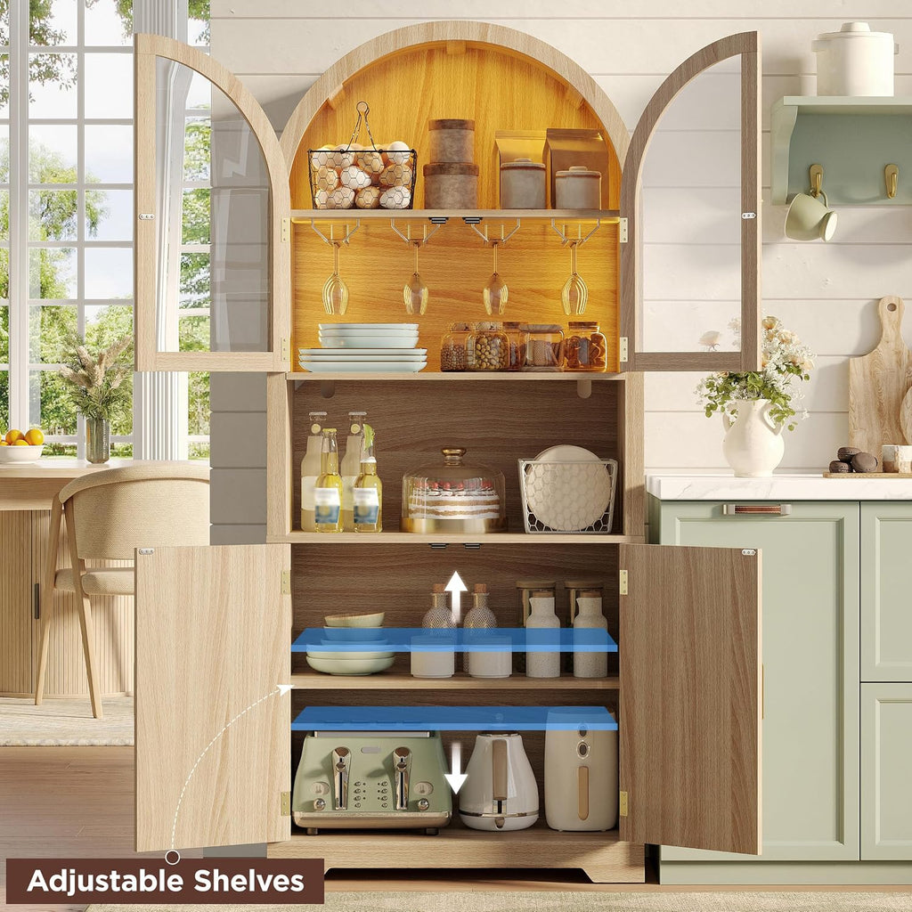 Maupvit 70' Tall Arched Wine Bar Cabinet with LED Light, Fluted Coffee Bar Cabinets with Stemware Rack, Kitchen Pantry Cupboard with Glass Doors, Liquor Cabinet for Home, Dining Room (Nature)