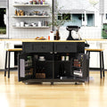 48 inch Rolling Kitchen Island Storage Cart on 5 Wheels with Drop Leaf, 2 Bar Stools, Power Outlet, Door Internal Storage Rack, 5 Open Side Racks, 2 Drawers for Dining Room, Home Bar Black